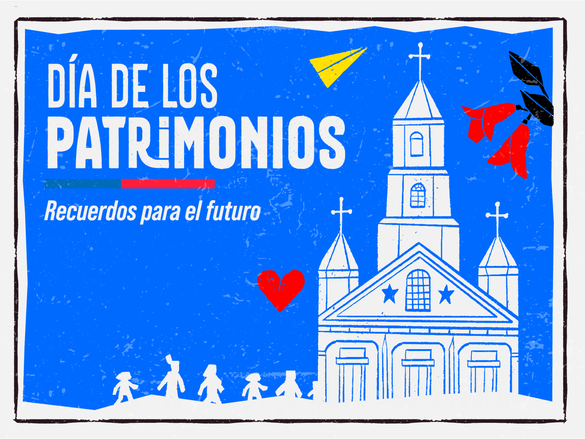 Afiche promocional del Día de los Patrimonios 2023, donde se aprecia en tonos azules una fila de personas ingresando a una iglesia, se acompaña la composición con ilustraciones de copihues, corazón y avión de papel. 