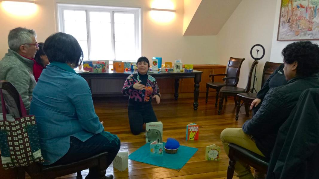 Jornada regional de bibliomóviles – Los Ríos 2024 tallerista mostrando ejemplos para preparar espacios de mediación